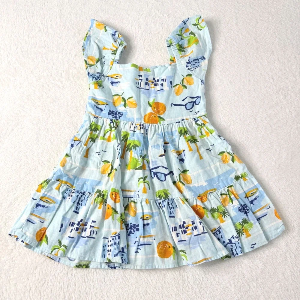 Gymboree Dress Kids 4T Blue Excellent Linen Blend Mediterranean Vacation Tiered